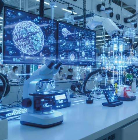 Investigadores en laboratorio de RareBioTech generando lentivirus con tecnología de vanguardia para terapia génica y biotecnología avanzada.