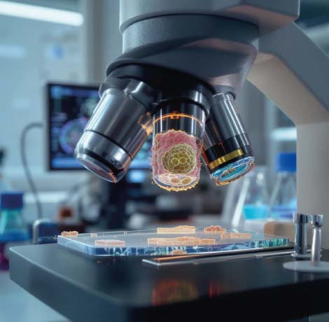 Microscopio electrónico mostrando células afectadas por enfermedad rara en estudio científico
